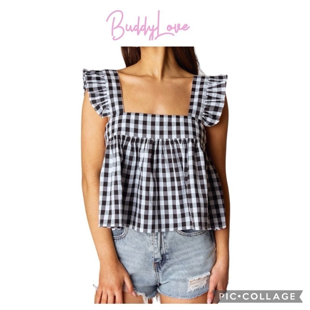 Buddy Love Kyle Ruffle Swing cropped Tank Black Checkered plaid size M NWT